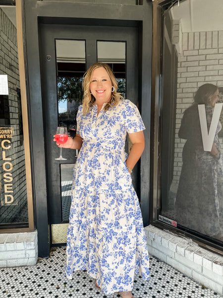 Floral Print Woven Maxi Dress- Blue-K. Ellis Boutique