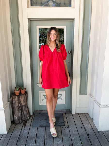 Solid V-Neck Puff Sleeve Mini Dress - Red-K. Ellis Boutique
