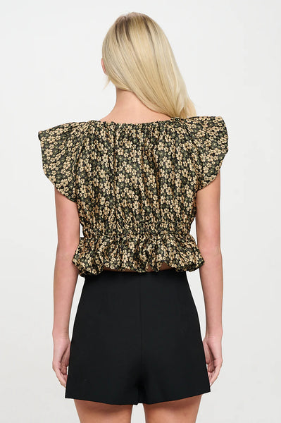 Gold Daisy Jacquard Velvet Bow Top-K. Ellis Boutique