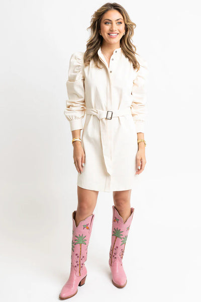 Karlie Belted Puff Sleeve Dress- Ivory Denim-K. Ellis Boutique