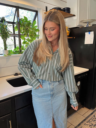 Mylie Striped Button Up- Olive-K. Ellis Boutique