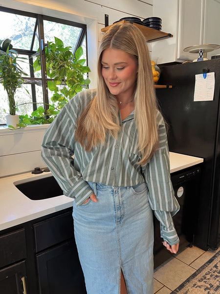 Mylie Striped Button Up- Olive-K. Ellis Boutique