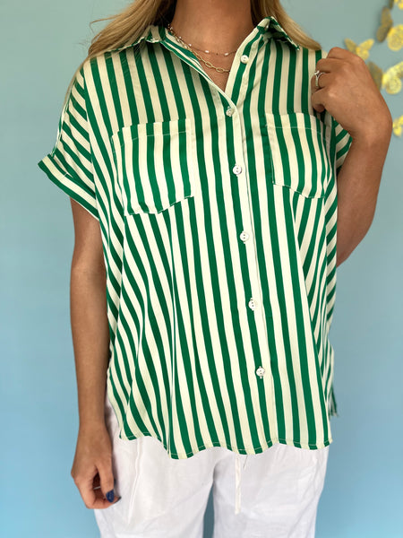 Striped Button Up Blouse- Green-K. Ellis Boutique