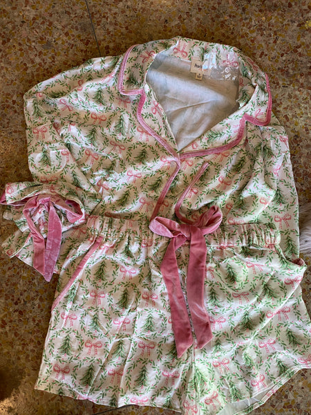 Satin Christmas Tree and Bow Pajama Set- Ivory/Green/Pink-K. Ellis Boutique