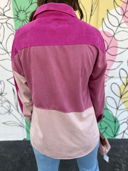 Color Block Suede Woven Shirt Top- Fuchsia-K. Ellis Boutique