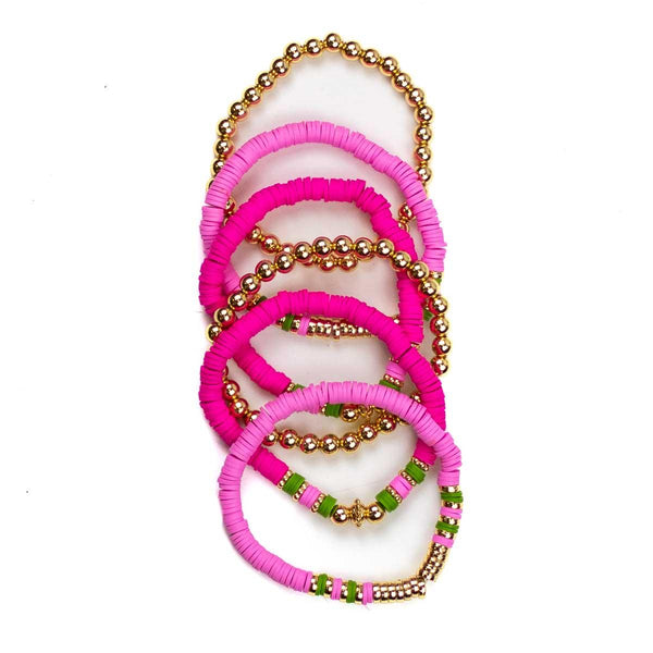 Clay Bead Bracelet Stack- Green/Pink/Gold-K. Ellis Boutique