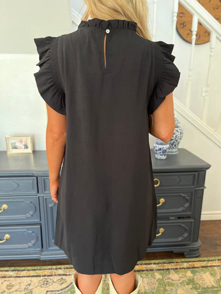 Solid Ruffle Cap Sleeve Dress- Black-K. Ellis Boutique