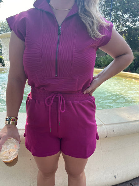 Solid Textured Collared Romper- Magenta-K. Ellis Boutique