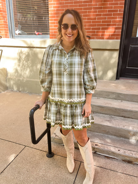 Plaid Print Collared Mini Dress- Olive-K. Ellis Boutique