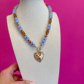 Beaded Heart Necklace- Brown & Blue