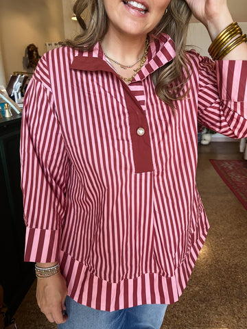 Cotton Collared Striped Top- Pink & Red-K. Ellis Boutique