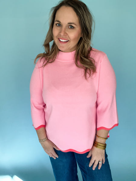 Scallop Edge Detailed Mock Neck Sweater Top- Pink & Red-K. Ellis Boutique