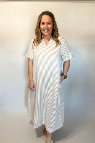 Stripe Midi Dress - Oatmeal-Midi/Maxi Dress-K. Ellis Boutique