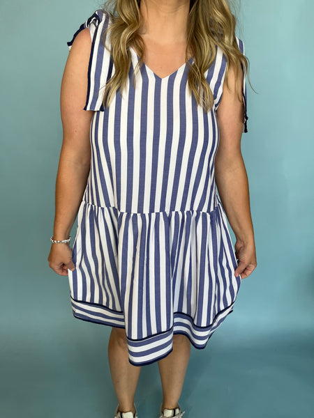 Stripe Print V-Neck Mini Dress - Blue-K. Ellis Boutique