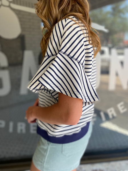 Striped Ruffle Sleeve Top - Navy-K. Ellis Boutique