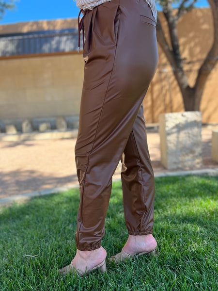 Faux Leather High Waisted Joggers - Brown-K. Ellis Boutique