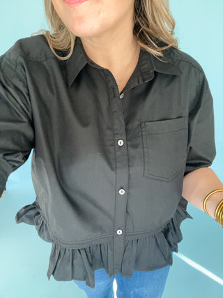 Miranda Ruffle Hem Button Up- Black-Short Sleeve Top-K. Ellis Boutique