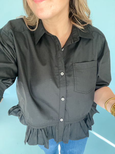 Miranda Ruffle Hem Button Up- Black-K. Ellis Boutique