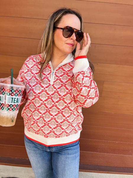 Half Zip Cream Orange Multi Sweater Pullover-K. Ellis Boutique