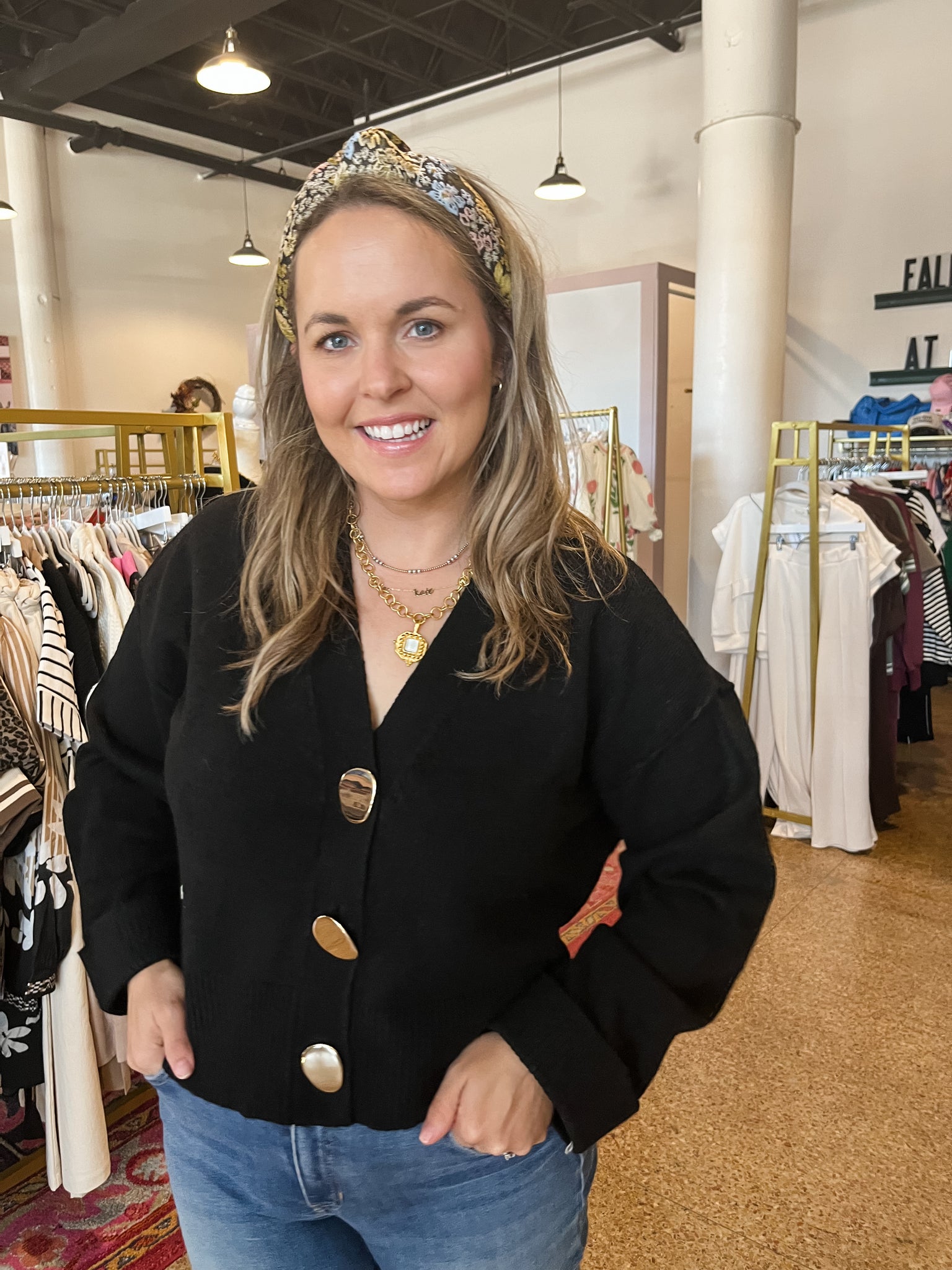 Gold Button Cardigan- Black-K. Ellis Boutique