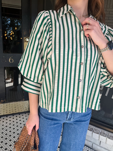 Striped Puff Sleeve Button Down- Green-K. Ellis Boutique