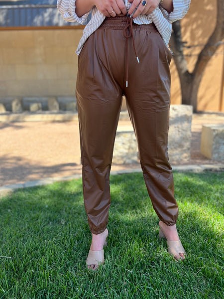 Faux Leather High Waisted Joggers - Brown-K. Ellis Boutique