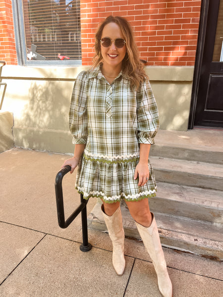 Plaid Print Collared Mini Dress- Olive-K. Ellis Boutique