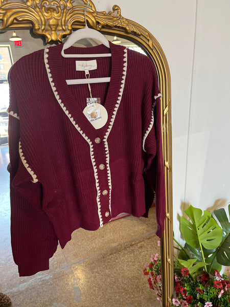 Contrast Stitch Button Cardigan- Burgundy-K. Ellis Boutique