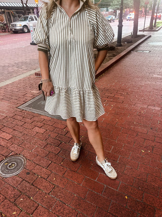 Striped Ruffle Hem Zip Mini- Olive-K. Ellis Boutique