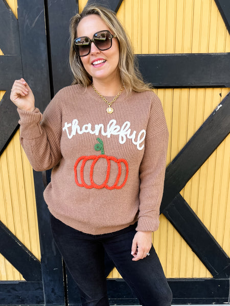 Thankful Pumpkin 3D Embroidered Sweater- Dusty Brown-K. Ellis Boutique