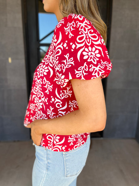 PRINTED BUBBLE SLEEVE BACK TIE TOP- Red-K. Ellis Boutique