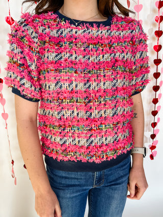 Lurex Tweed Rib Contrast Top- Pink & Blue-K. Ellis Boutique