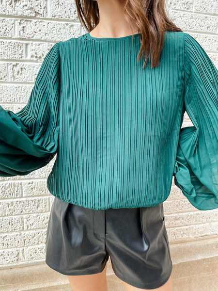 Pleated Woven Top- Pine Green-K. Ellis Boutique