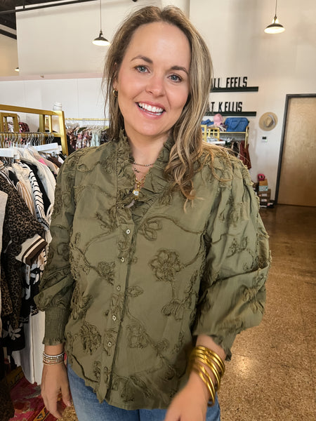 Floral Applique Top- Olive-K. Ellis Boutique