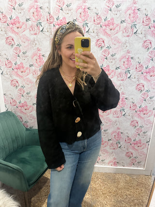 Gold Button Cardigan- Black-Cardigans-K. Ellis Boutique