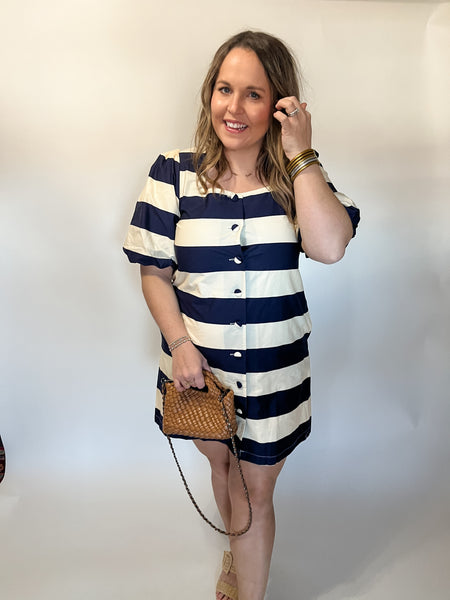 The Naomi Square Neck Stripe Mini Dress- Navy & White-K. Ellis Boutique