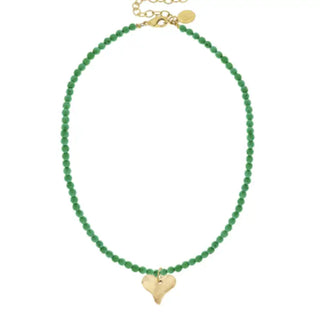 Gold Heart On Green Beaded Necklace- Susan Shaw-Necklace-K. Ellis Boutique