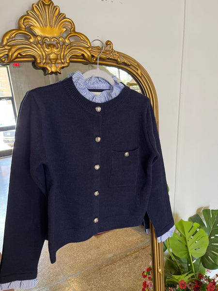 Ruffle Neckline Crewneck Cardigan- Navy-K. Ellis Boutique