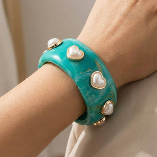 Wide Marble Resin Heart Pearl Studded Bangle Bracelet: TQ-Bracelet-K. Ellis Boutique