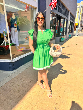 Flutter Sleeve Banded Waist Mini Dress- Green-Mini Dress-K. Ellis Boutique