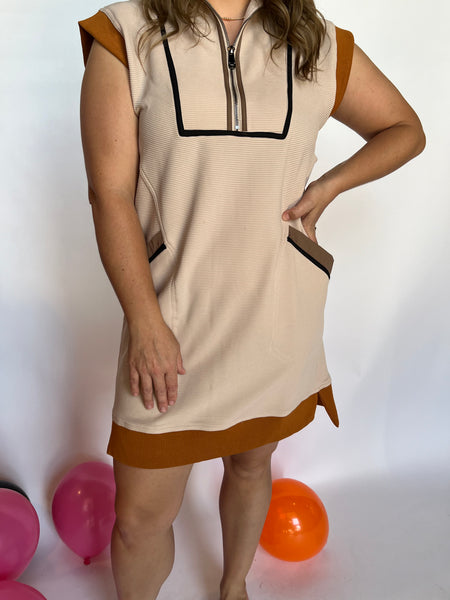 Solid Zip Up Mini Dress- Tan-K. Ellis Boutique