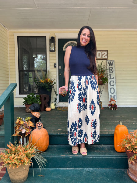 Printed Pleated Midi Dress - Navy-K. Ellis Boutique