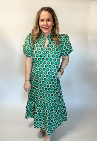 Block Print Floral Midi Dress- Green-K. Ellis Boutique