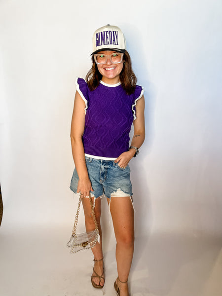 Cable Knit Ruffle Sleeve Top- Purple-K. Ellis Boutique