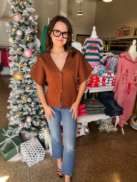 Front Button Vneck Cardigan- Brown-K. Ellis Boutique