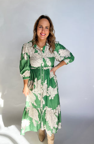 Floral Print Button Up Midi Dress- Green-K. Ellis Boutique