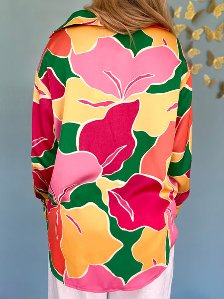 Printed Button Up Long Sleeve Blouse- Pink/Yellow-K. Ellis Boutique