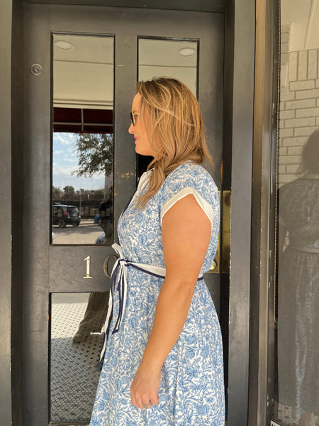 Floral Print Collared Midi Dress- Blue-K. Ellis Boutique