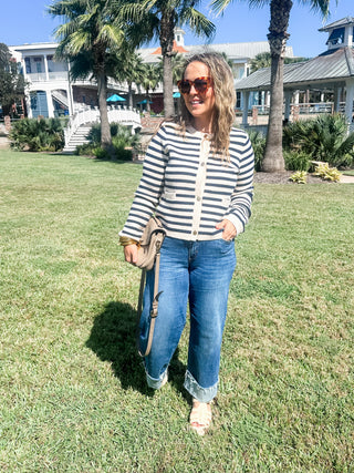 THML- Striped Knit Cardigan- Navy/ Cream-Cardigans-K. Ellis Boutique