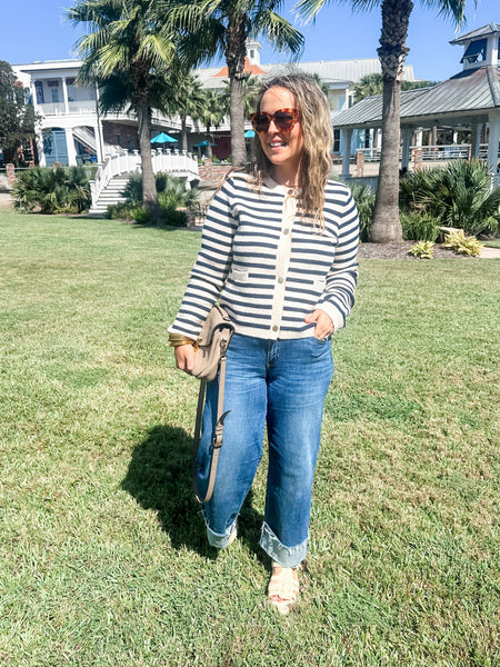 THML- Striped Knit Cardigan- Navy/ Cream-K. Ellis Boutique